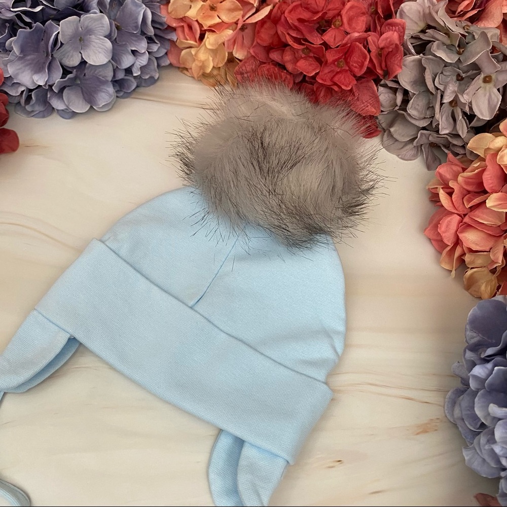 Blue Baby Beanie Hat with Gray Pom Pom and Earflaps - Picture 7 of 15